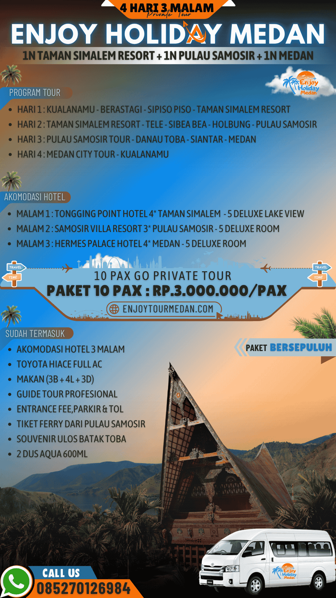 Paket Wisata Medan Danau Toba Samosir 4D3N
